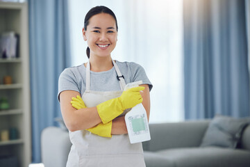 Portrait, detergent and woman with arms crossed in living room for cleaning, remove dirt or...