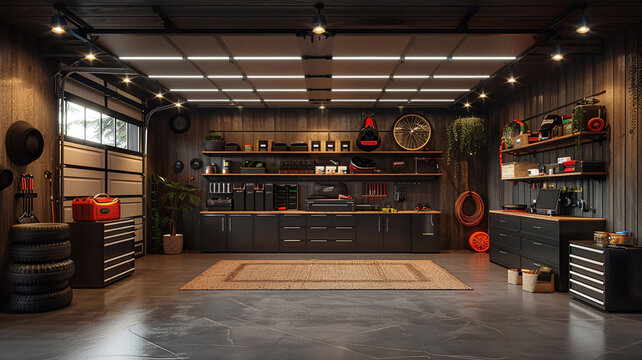 Organized garage mockup, wall-mounted storage, high quality realistic images