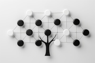 A decision tree model represented graphically with white and black nodes connected, illustrating concepts of machine learning and AI algorithms.