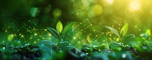 Green Shoots Connected by Glowing Lines in a Natural Setting