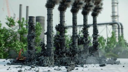 Obraz premium Industrial Pollution Caused By Smoke Emitting From Several Tall Chimneys Near Construction Site