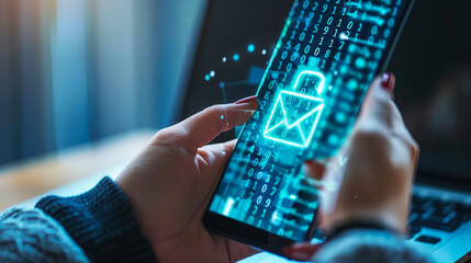 A person using a smartphone shows secure coding on the screen with a glowing lock icon, illustrating cybersecurity and data protection concepts.