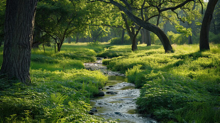Naklejka premium Lush Green Meadow with a Babbling Brook Winding Through a Serene Landscape AI Generative