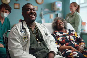 Obraz premium A smiling doctor with a stethoscope sits next to a happy patient in a colorful hospital room, with medical staff in the background.