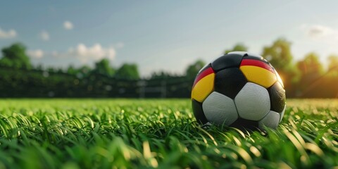 Fototapeta premium Creative Sports Concept: European Football Championship 2024 Themed Background. Innovative Design with Anthropomorphic Soccer Ball, German Flag Cylinder, Stadium Elements, and Grass Field. Perfect for