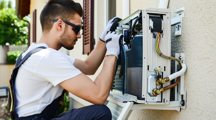 Professional air conditioning technician repairing, cleaning, or installing an air conditioner or heat pump outdoors. HVAC repair, installing an AC, cooling system maintenance.