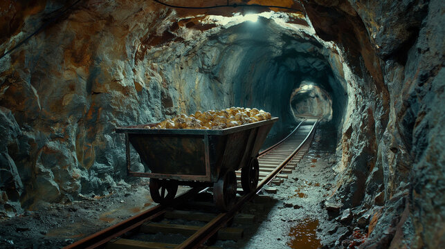 A gold mine tunnel with a mining cart on rails filled with shiny, glossy gold nuggets. refining of gold, prospecting concepts.
