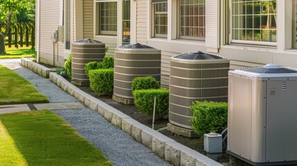Two air conditioners are on a brick walkway next to some bushes. The bushes are trimmed and well-maintained