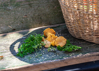 still life with various vegetables on a wooden board, wicker basket in the background, healthy vegetarian diet