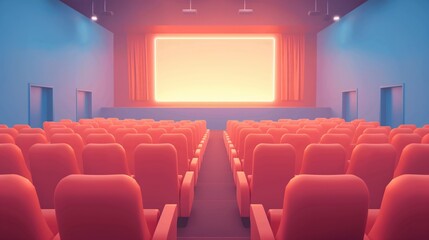 Fototapeta premium Empty theater with colorful seats and bright screen illuminated at evening showtime illustration.