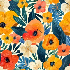 Seamless pattern with colorful flowers and leaves.