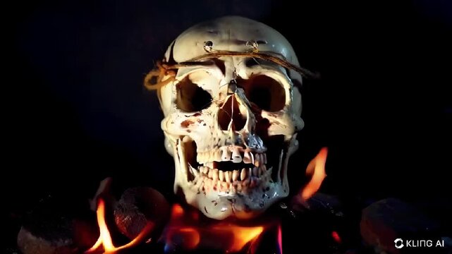 Skull on Fire Dark Horror Evil Scary Black Magic Halloween Background 4k 
