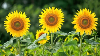 Obraz premium Three sunflowers are standing in a field of green grass