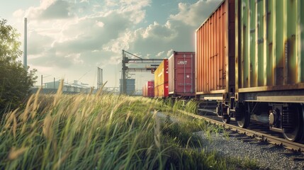 Industrial freight train carrying containers through urban setting   rail logistics scene