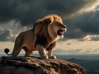 a lion roaring over a cliff