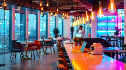 Fototapeta premium Contemporary bar with vibrant neon lights and futuristic design elements, featuring stylish seating and a sleek, illuminated bar counter...