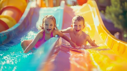 Excited children enjoying a thrilling ride on a water slide at a tropical aqua park during family summer vacation. Kids having fun and laughing on the wet playground at the amusement resort