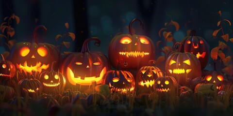 A group of scary pumpkins stand together. AI generation.