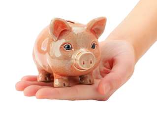 Hand holding pink piggy bank isolated on transparent background, png