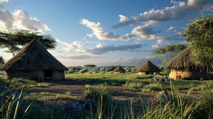 A traditional Maasai boma village nestled among tall grass, showcasing huts and a serene sky filled with scattered clouds during a peaceful afternoon