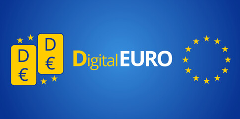 symbol of Digital Euro as D€ as DEURO or D-Euro creative symbol, online payment by mobile device and smart card by the European Union as CBDC