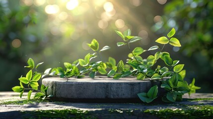 A small stone slab with green leaves on top of it