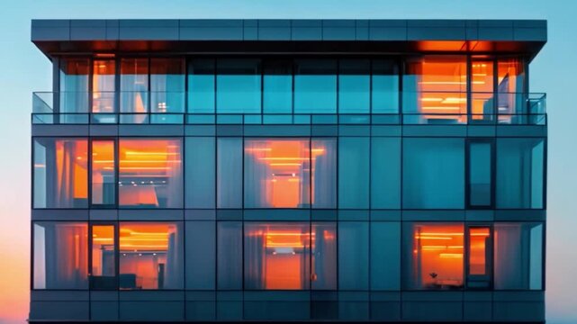 This modern building showcases vibrant colors at sunset in an urban setting.