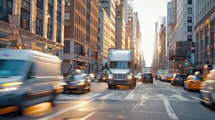A bustling city street scene with a delivery truck and yellow taxi navigating through traffic, showcasing urban transportation dynamics...