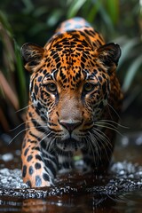 Obraz premium Leopard in jungle river, lush greenery, intense and focused, dynamic action