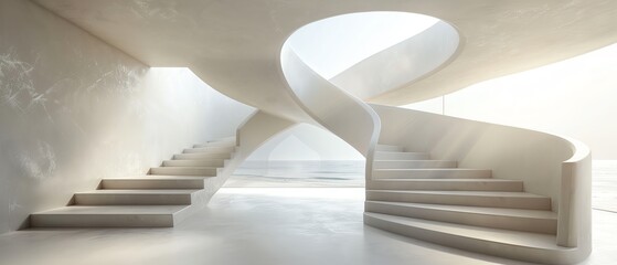Minimalist white staircase, smooth curves, soft natural light, architectural elegance