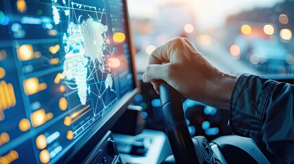 A cybersecurity expert in a control room monitoring data networks on multiple screens, ensuring system security and integrity...