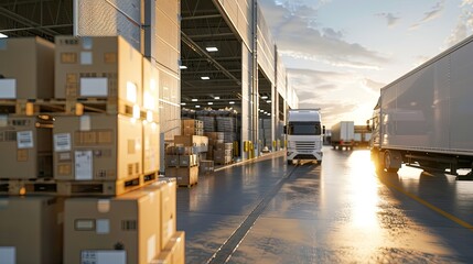 A modern logistics hub with trucks and packages, showcasing efficient warehousing and transportation operations at sunset...