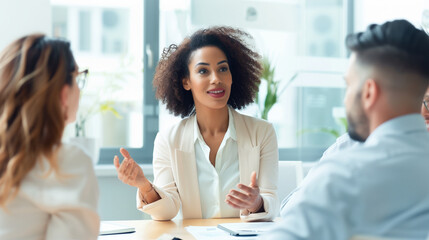 Fototapeta premium professional meeting in a bright office, woman presenting and colleagues engaged, business strategy discussion, teamwork, with copy space,