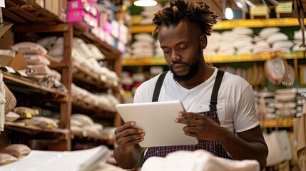 A warehouse worker uses a tablet to manage inventory in a modern, organized warehouse, ensuring efficient logistics operations...