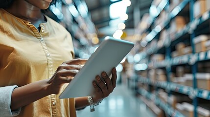A warehouse worker uses a tablet to manage inventory in a modern, organized warehouse, ensuring efficient logistics operations...