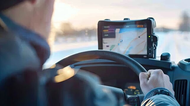 A driver uses a GPS navigation system for route guidance while driving, ensuring efficient and accurate travel directions...