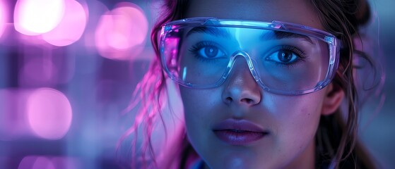 Scientist with intense expression, wearing protective goggles, laboratory setting, neon purple and blue lighting, closeup angle