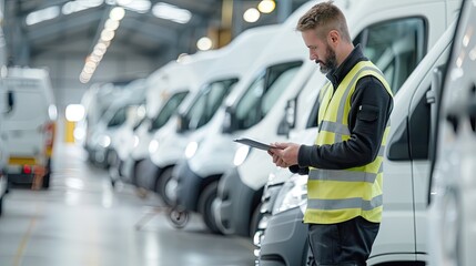 A fleet manager in a high-visibility jacket uses a smartphone to inspect a row of parked vans on a sunny day..
