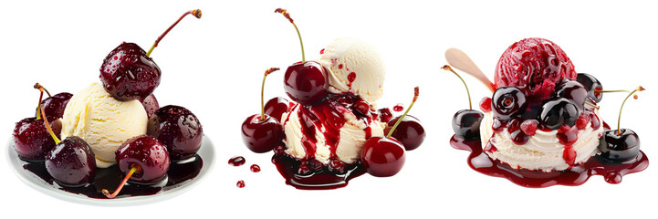 Set of Cherry Jubilee dessert with plump cherries and a scoop of vanilla ice cream isolated on...