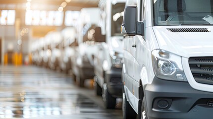 Obraz premium A row of white commercial vans parked inside a well-lit warehouse, emphasizing organization and readiness for business operations..