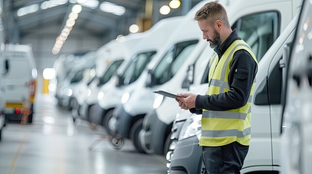 A fleet manager in a high-visibility jacket uses a smartphone to inspect a row of parked vans on a sunny day..