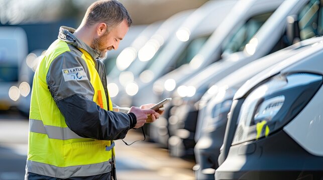 A fleet manager in a high-visibility jacket uses a smartphone to inspect a row of parked vans on a sunny day..