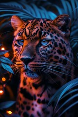 Vibrant leopard, neon jungle backdrop, intense gaze, colorful bokeh, fantasy lighting