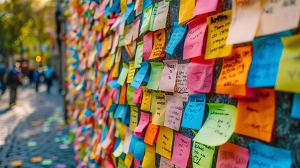 Wall covered with sticky notes, vibrant colors, creative and chaotic