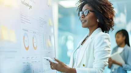 A businesswoman uses an interactive screen to analyze charts and graphs, focusing on financial data in a bright office..