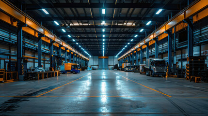 Fototapeta premium Spacious, well-lit interior of a large industrial warehouse with equipment and vehicles, emphasizing space and organization.