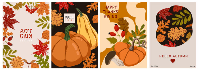 Autumn seasonal posters with leaves and floral elements and pumpkins in fall colors. Thanksgiving greetings and harvest fest posters perfect for prints, flyers, banners, invitations.