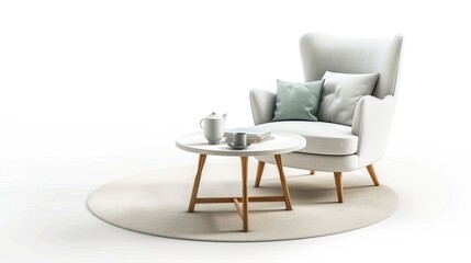 Comfortable armchair and coffee table, isolated on a clean white background for a simple visual