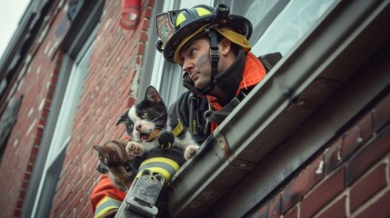 A fireman rescuing pets from an apartment fire in the city