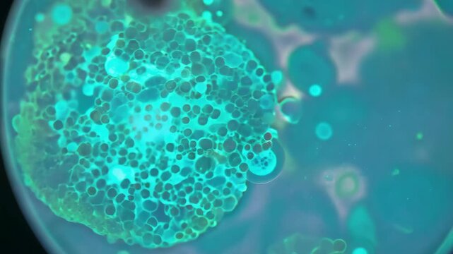 Microscopic footage of some bacteria moving in a petri dish on a blue green background. Short video for medical presentation or science clip.
